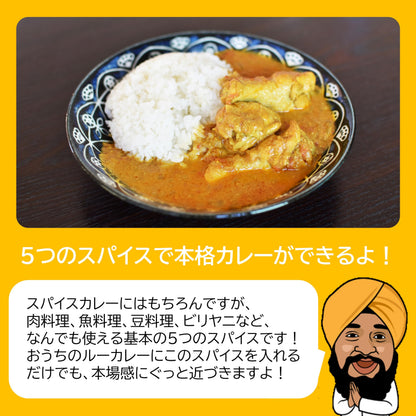 JEAU CHAU カレー スパイス セット 5種類 (クミンパウダー ターメリックパウダー コリアンダーパウダー クミンシード チリパウダー / 各100g) 基本のスパイス 選別品 香辛料/無添加
